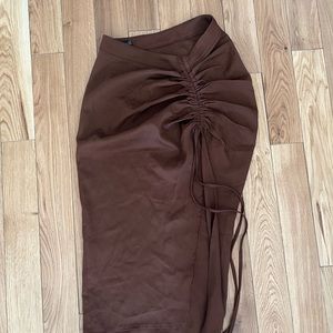 Brown Woven Ruched Detail Midi Skirt